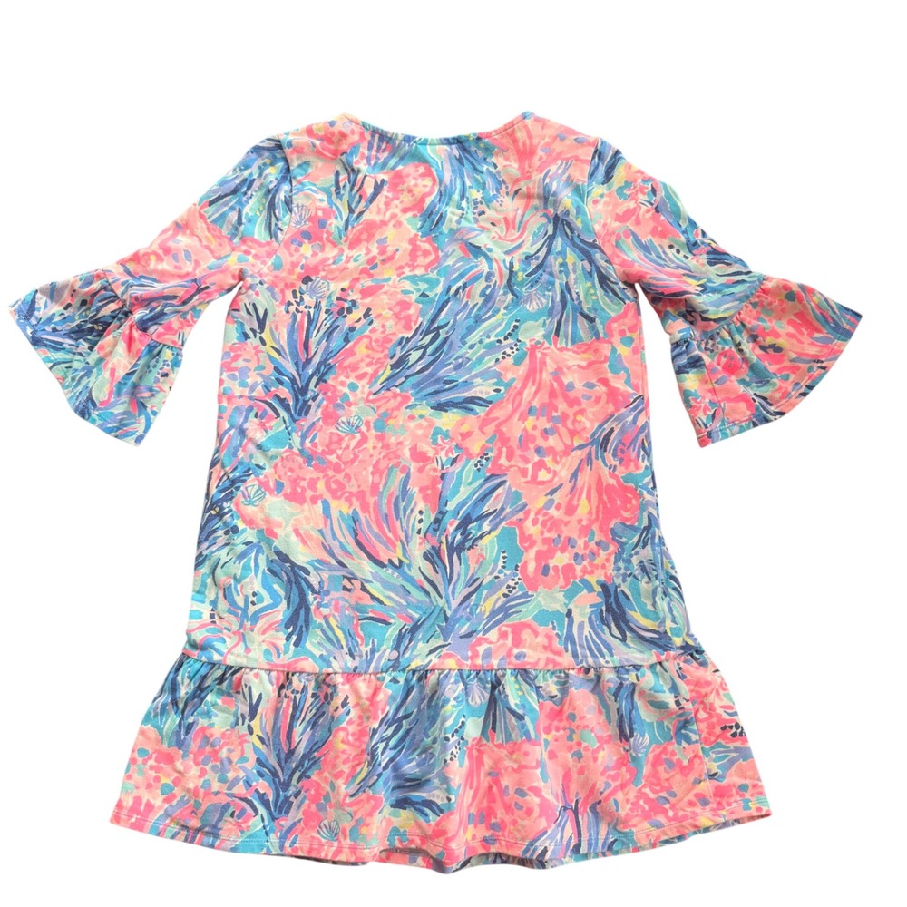 Lilly Pulitzer Girls Pink Blue Floral French Terry Bell Sleeve Dress Size L 12 - Picture 2 of 5
